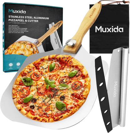 Aluminum Pizza Peel & Rocker Cutter Set (12" x 14") Premium Stainless Steel Pizza Paddle with Foldable Wooden Handle, Lightweight Pizza Spatula with Storage Bag for Oven & Outdoor Pizza Maker