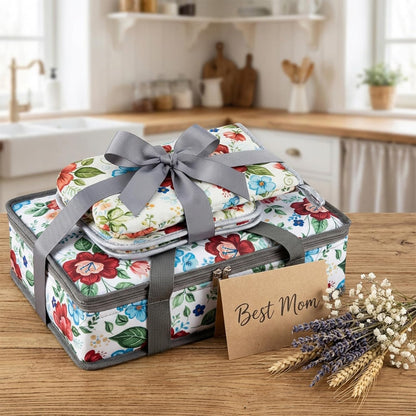 Pioneer Woman Style Insulated Casserole Carrier for Hot or Cold Food, Fits 9x13 Baking Dish,Floral Thermal Lasagna Lugger Tote with Oven Mitts and Pot Holders Set,Gift for Women, Mother's Day.3 PCS
