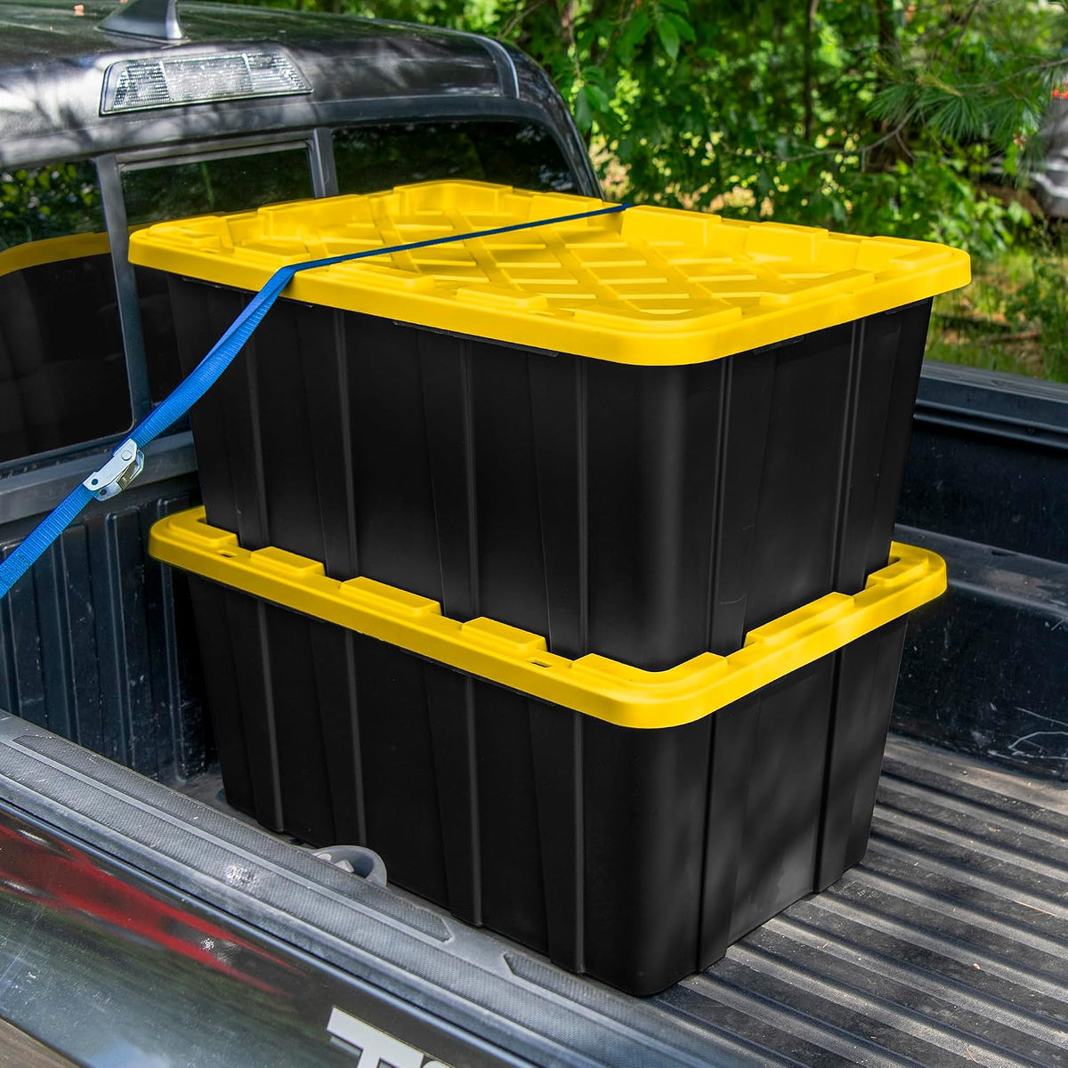 Sterilite 4-Pack 27 Gallon Industrial Storage Tote, Heavy-Duty Plastic Bins, Black/Yellow - Stackable Utility Organizers with Lids for Garage, Camping Tools, and Outdoor Gear