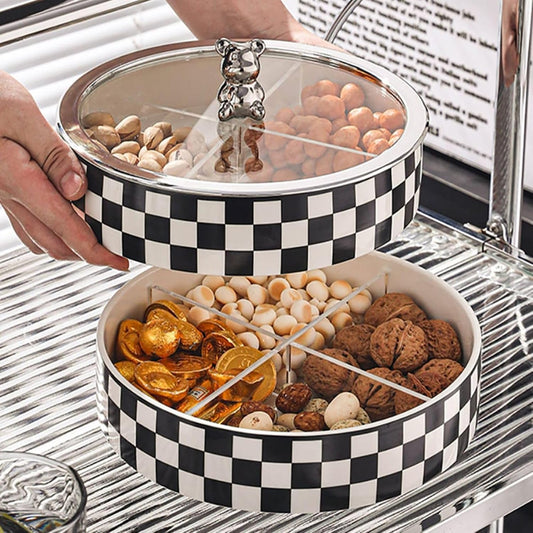 Homary Modern 8.9″ 2-Tier Divided Snack Tray with Lid – Checkerboard Serving Tray & Food Storage Container for Cheese, Party Snacks