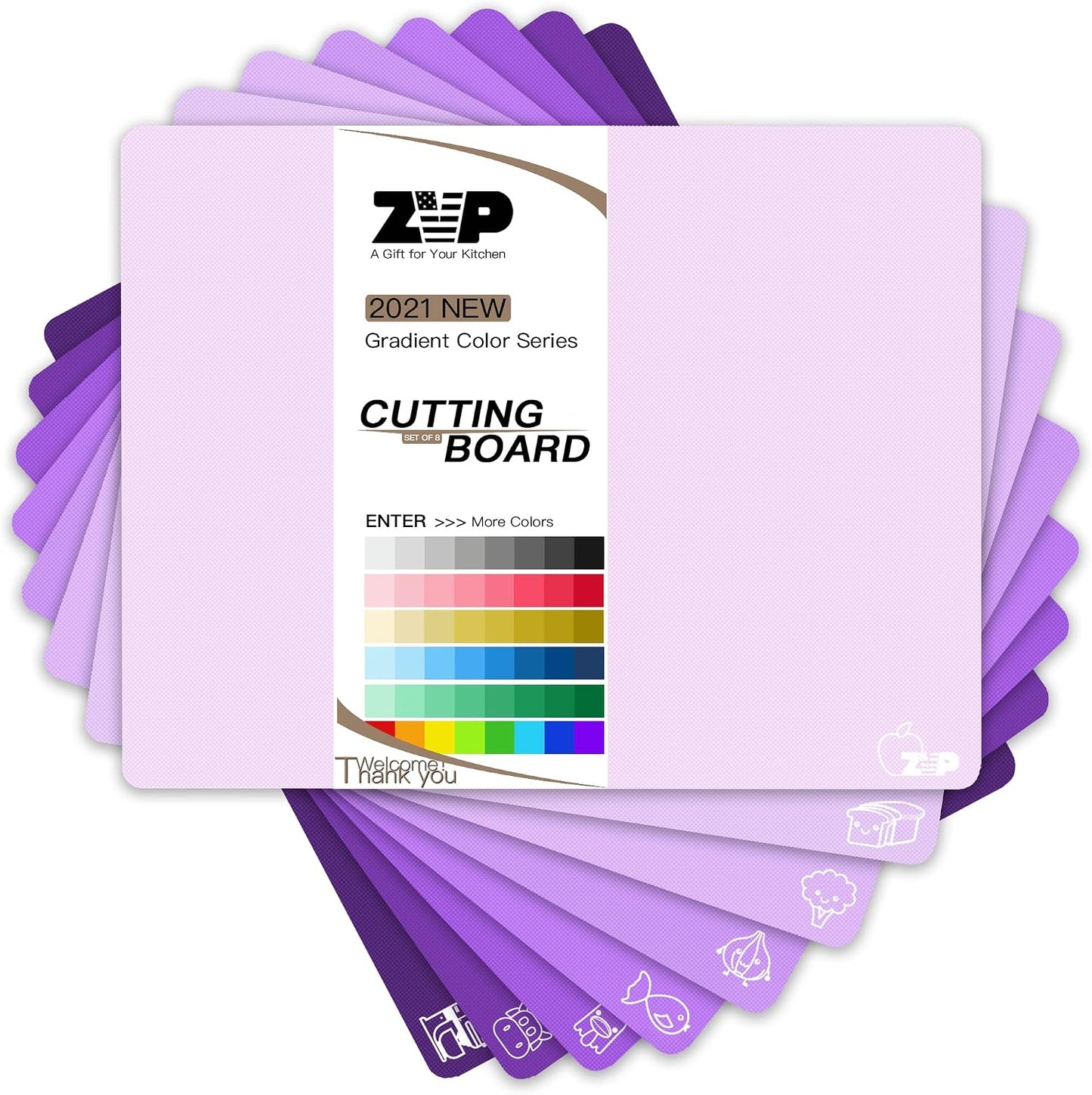 ZVP Plastic Cutting Boards for Kitchen, Flexible Cutting Mats, Colorful Chopping Boards with Food Icon, Non-Slip, Non Porous, BPA Free, Dishwasher Safe Rainbow