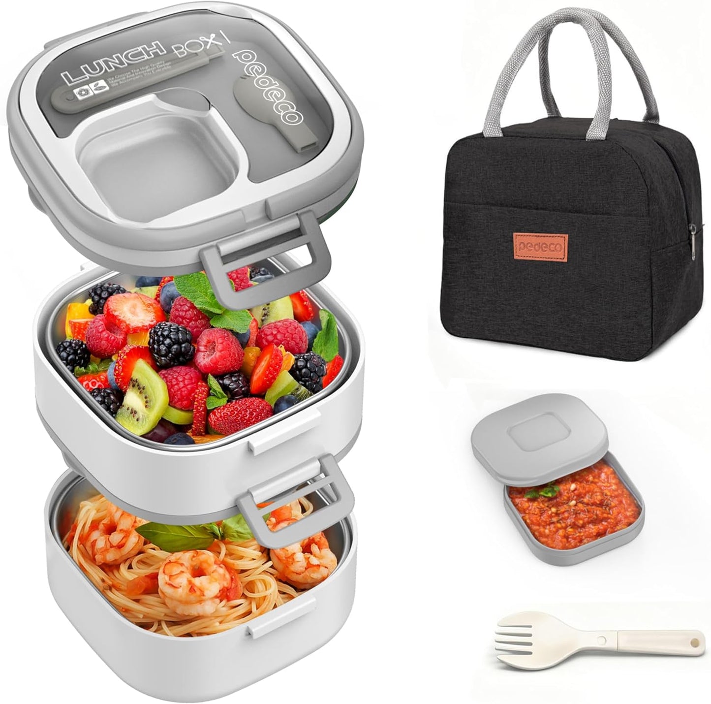 PEDECO Stackable Stainless Steel Bento Box with Insulated bag,Adult & Kids Luch Box,Leak-Proof,1-Tier Bento box,Lunch Box With Portable Sauce Pod and Cutlery-for Teens/Toddler,Dishwasher Safe,Blue