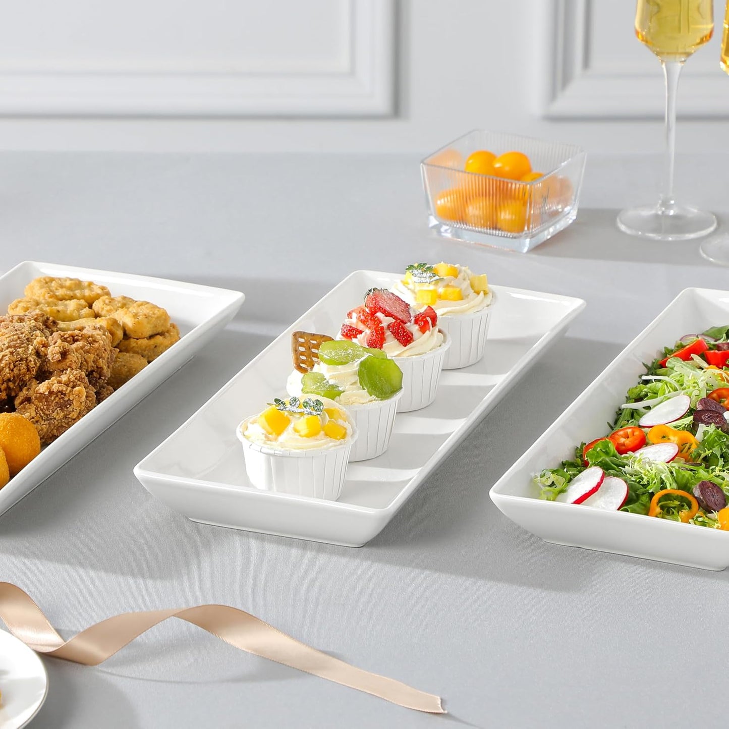 MALACASA 3 Tier Serving Trays for Party, Porcelain Serving Platters and Trays, 12 Inch Tiered Tray Stand, Fruit Tray, Trays for Serving Food, White Dessert Stand with Collapsible Sturdier Metal Rack