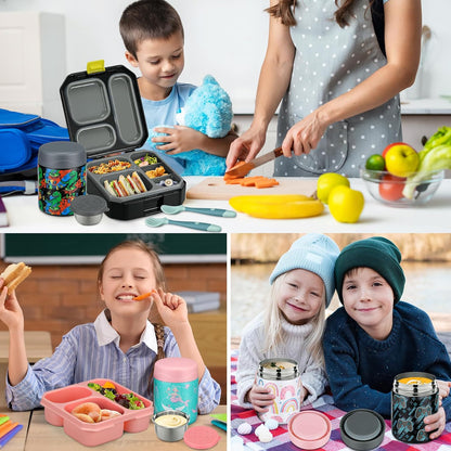 Itslife Bento Lunch Box Set for Kids with 12oz Soup Thermo&Lunch Bag, Leak-Proof Lunch Food Containers for Kids School, 5 Compartment, Sauce Cup, 10 Notes (Dinosaurs Black)