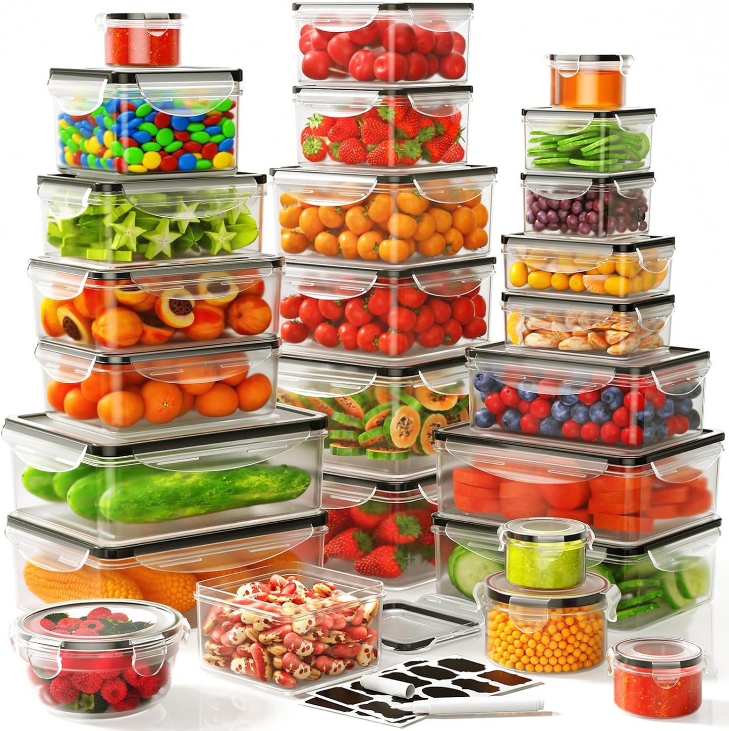 62 PCS Large Food Storage Containers with Lids Airtight (31 Lids &31 Containers) - Leakproof Meal-Prep Containers for Kitchen Storage Reusable Plastic Microwave/Dishwasher Safe with Labels & Pen