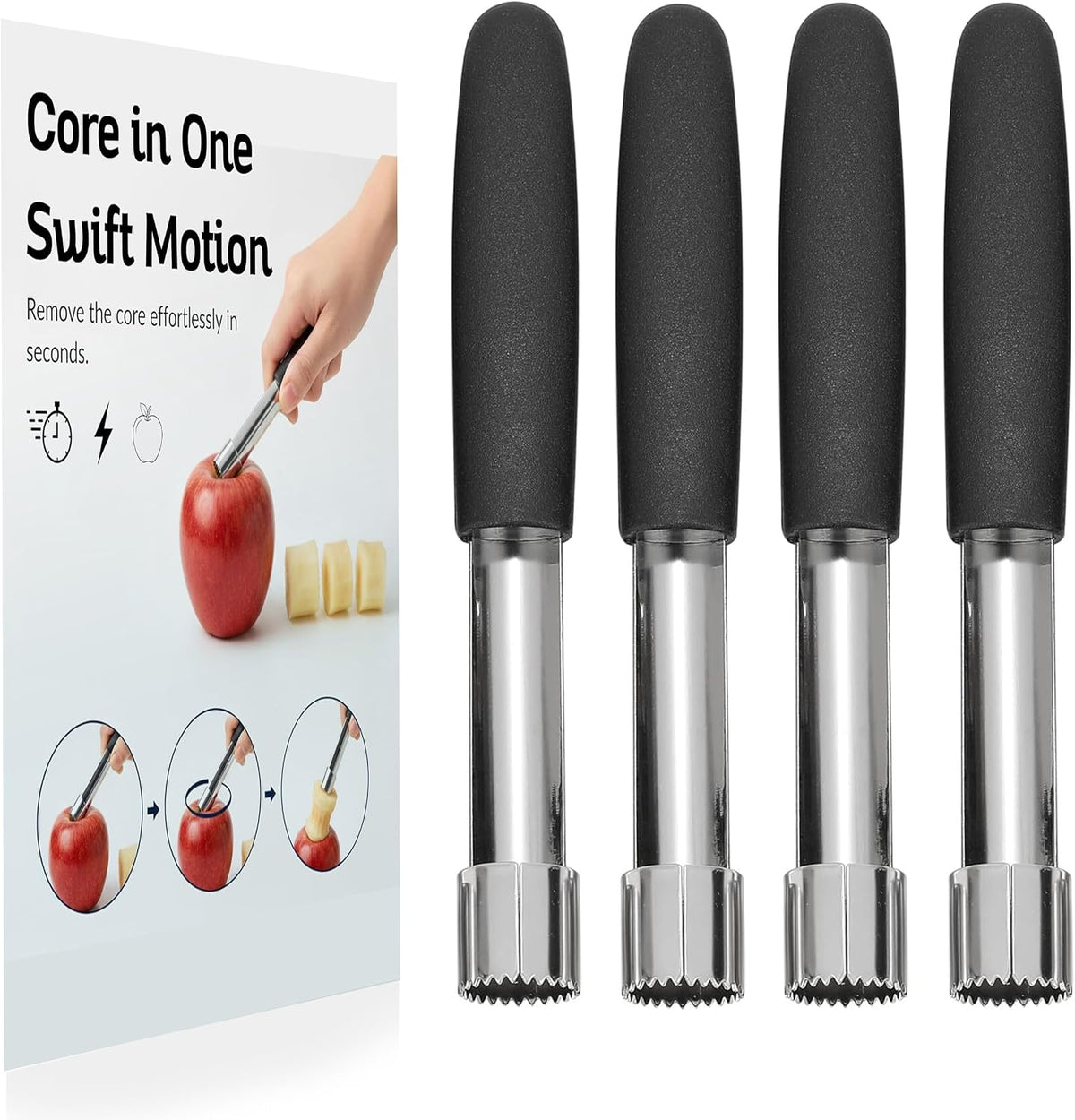 Stainless Steel Apple Corer Tool 4 Pack, Premium Fruit Core Remover Set with Serrated Blade and Ergonomic Non-Slip Handle for Apples, Pears, Peaches, Bell Peppers, Cupcakes, Dishwasher Safe