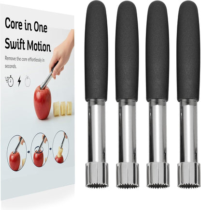 Stainless Steel Apple Corer Tool 4 Pack, Premium Fruit Core Remover Set with Serrated Blade and Ergonomic Non-Slip Handle for Apples, Pears, Peaches, Bell Peppers, Cupcakes, Dishwasher Safe