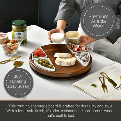 Shanik Acacia Wood Lazy Susan Cheese Board Set – Rotating Charcuterie Platter, Elegant Serving Tray for Appetizers, Snacks, Parties & Weddings