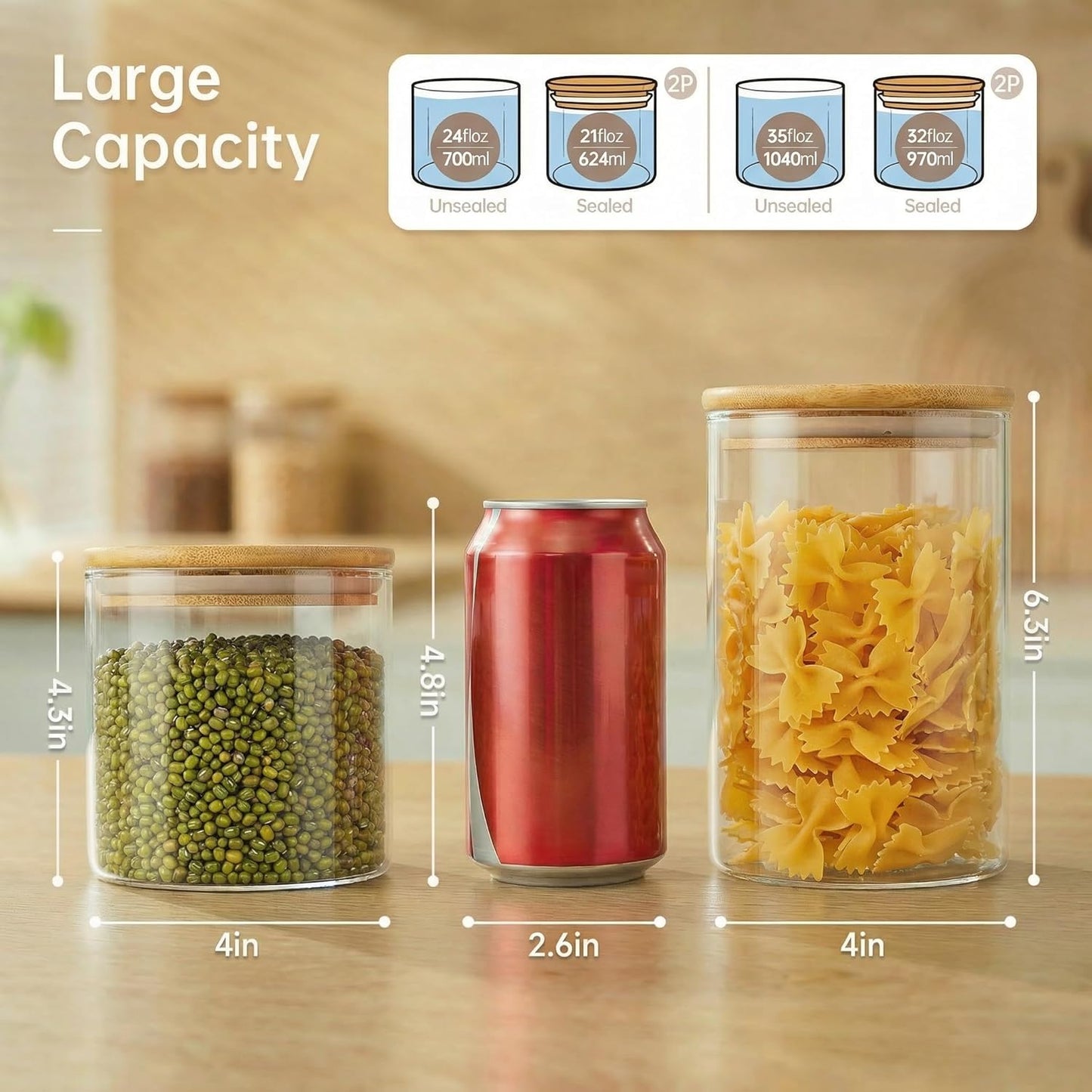 32oz - 4 Pack Glass Jars with Bamboo Lids, Glass Pantry Storage Containers with Airtight Lids, Round Air Tigh Food Storage Canisters for Cereal, Pasta, Flour, Sugar, Rice, Best for Kitchen Organizer