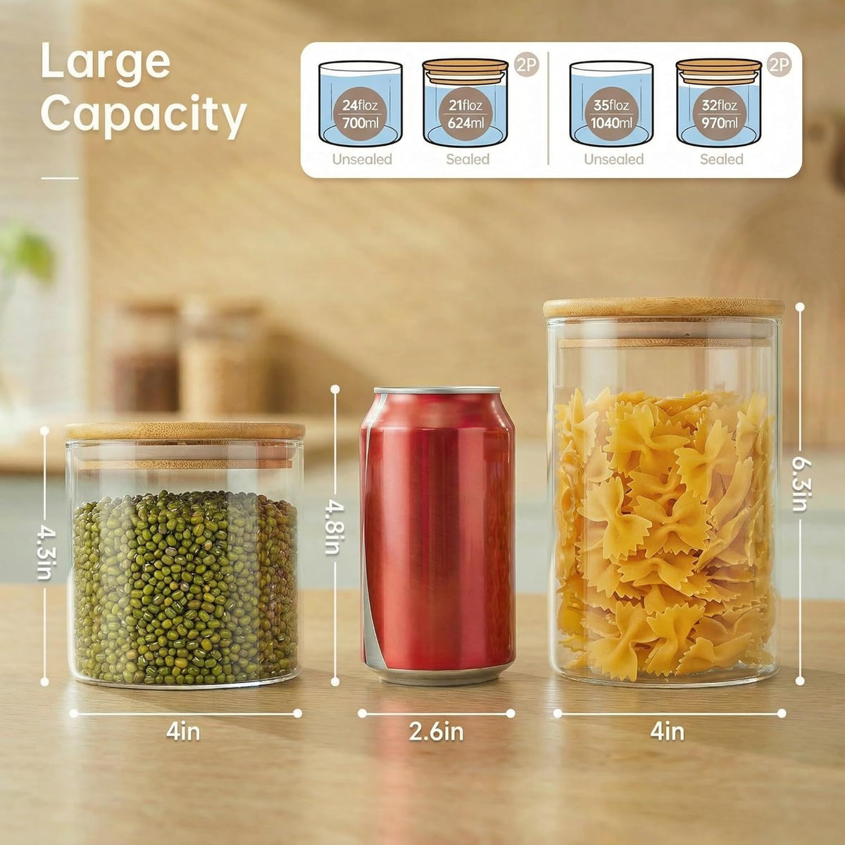 32oz - 4 Pack Glass Jars with Bamboo Lids, Glass Pantry Storage Containers with Airtight Lids, Round Air Tigh Food Storage Canisters for Cereal, Pasta, Flour, Sugar, Rice, Best for Kitchen Organizer