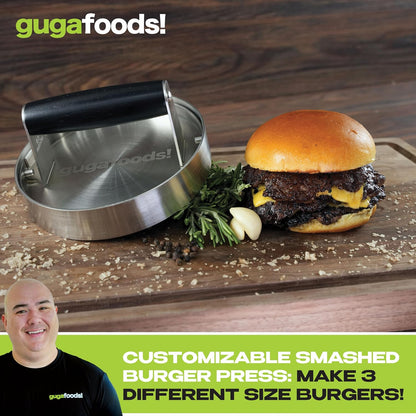 Guga Foods- Adjustable Burger Press, Stainless Steel Hamburger and Smashed Burger Press, Patty Maker for Grilling and Griddle, 3 Size Patties, Wooden Handle