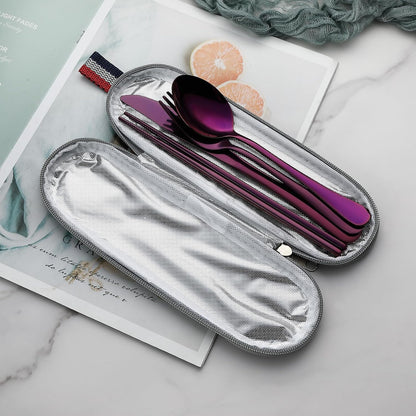 DEVICO Camping Utensils, Full-Size Reusable Silverware for Lunch Adult, Stainless Steel Travel Cutlery Set with Case, Portable Fork Spoon Knife Set for Work, Flatware with Chopsticks (Rainbow)