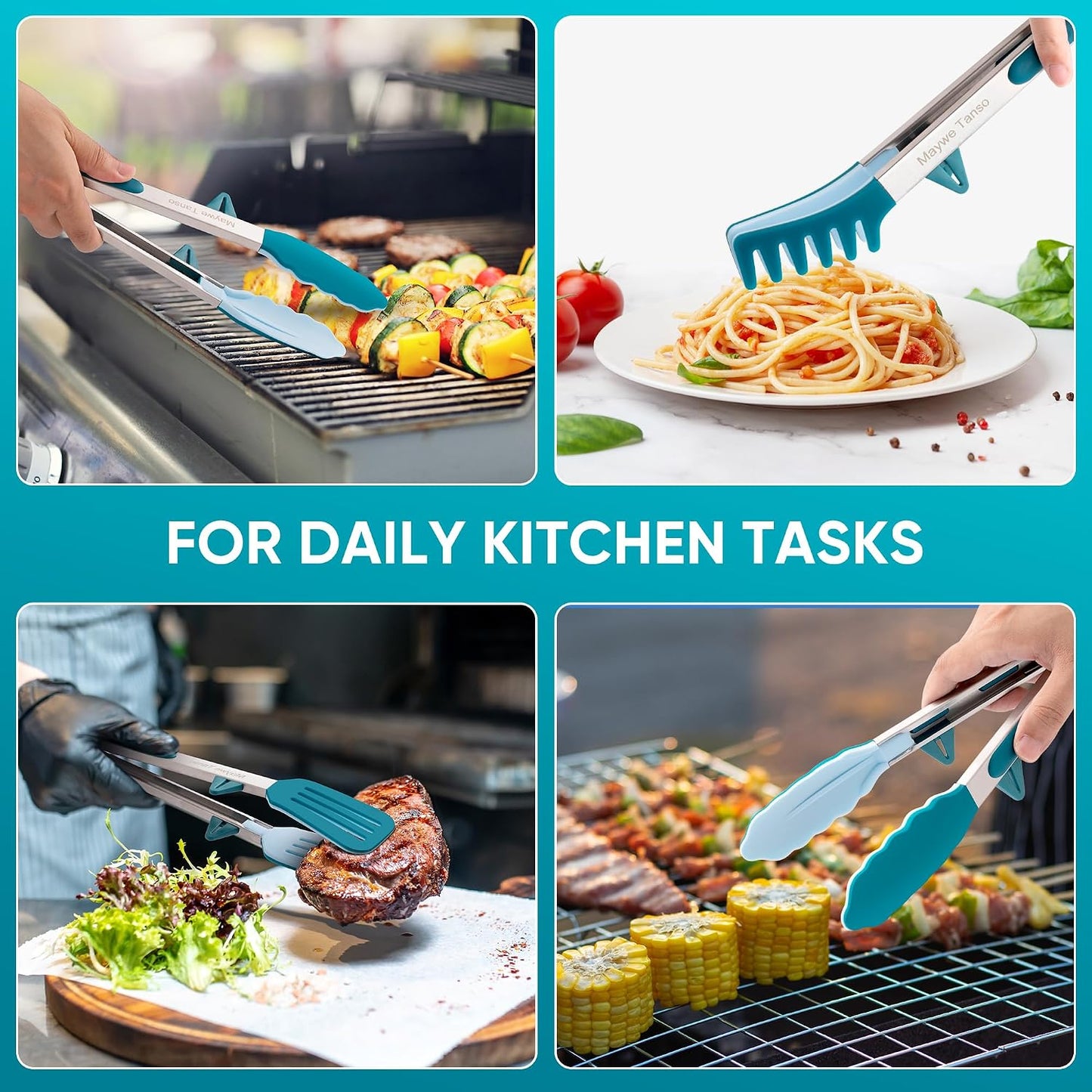 3 Pack Silicone Tongs for Cooking,Maywe Tanso 9 Inch Cooking Kitchen Tongs with Silicone Tips,Nonstick Stainless Steel Tongs for Steak Pie Pizza Pasta Spaghetti Salad BBQ Buffet