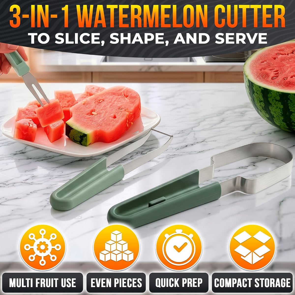 3-in-1 Watermelon Cutter Slicer Tool, Stainless Steel Kitchen Gadget