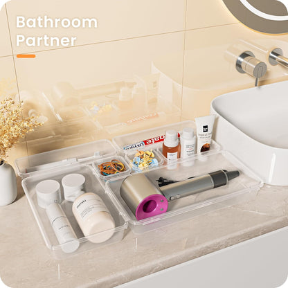 【Military Grade】A-LuGei Drawer Organizer, 【𝟱𝗦𝗶𝘇𝗲】 Makeup organizer, 【Holds 177 Items】 Bathroom Organizers and Storage, Organization and Storage, Desk Drawer Organizer for Vanity (Clear)