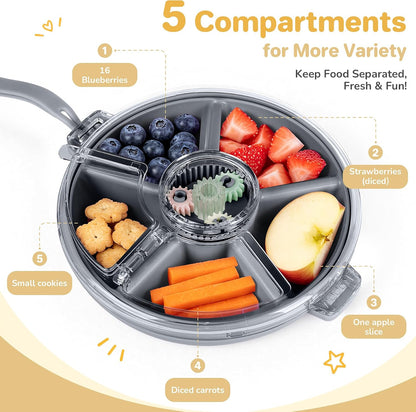 Kids Divided Snack Box with Hand Strap, Reusable 5-Compartment Kids Snack Container, BPA-Free Portable Candy & Nut Serving Platter for Travel, Parties, Picnics(Grey)