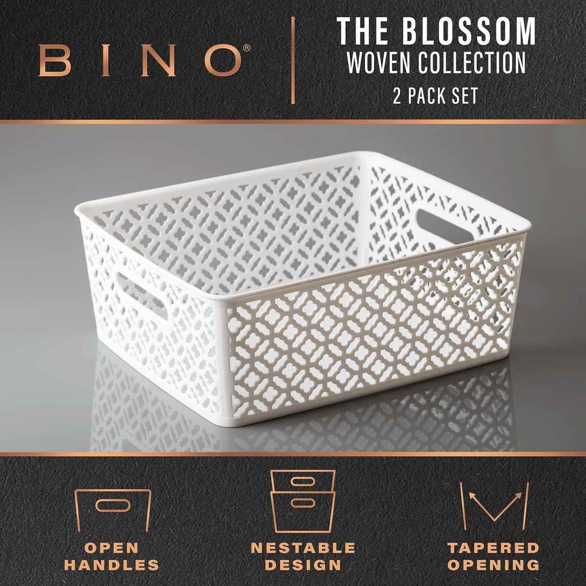 BINO l Plastic Storage Baskets, Large - Grey l THE BLOSSOM COLLECTION l Multi-Use Organizer Bin l Built-in Handles l Plastic Woven Basket for Organizing l Pantry & Home Organizing Basket