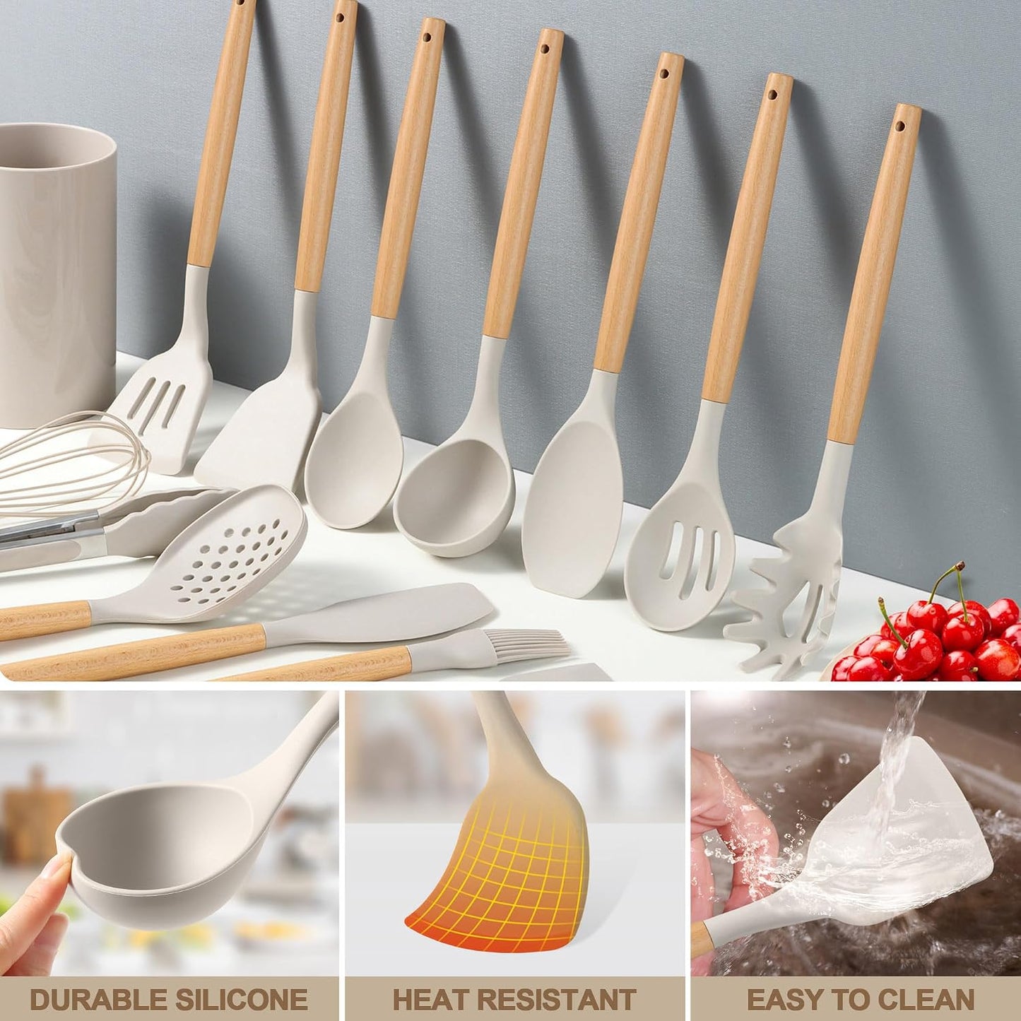 LIANYU 15 PCS Silicone Kitchen Utensils Set with Holder, Cooking Utensils set for Nonstick Cookware, Heat Resistant & Non Toxic Spatula Ladle Tong, White