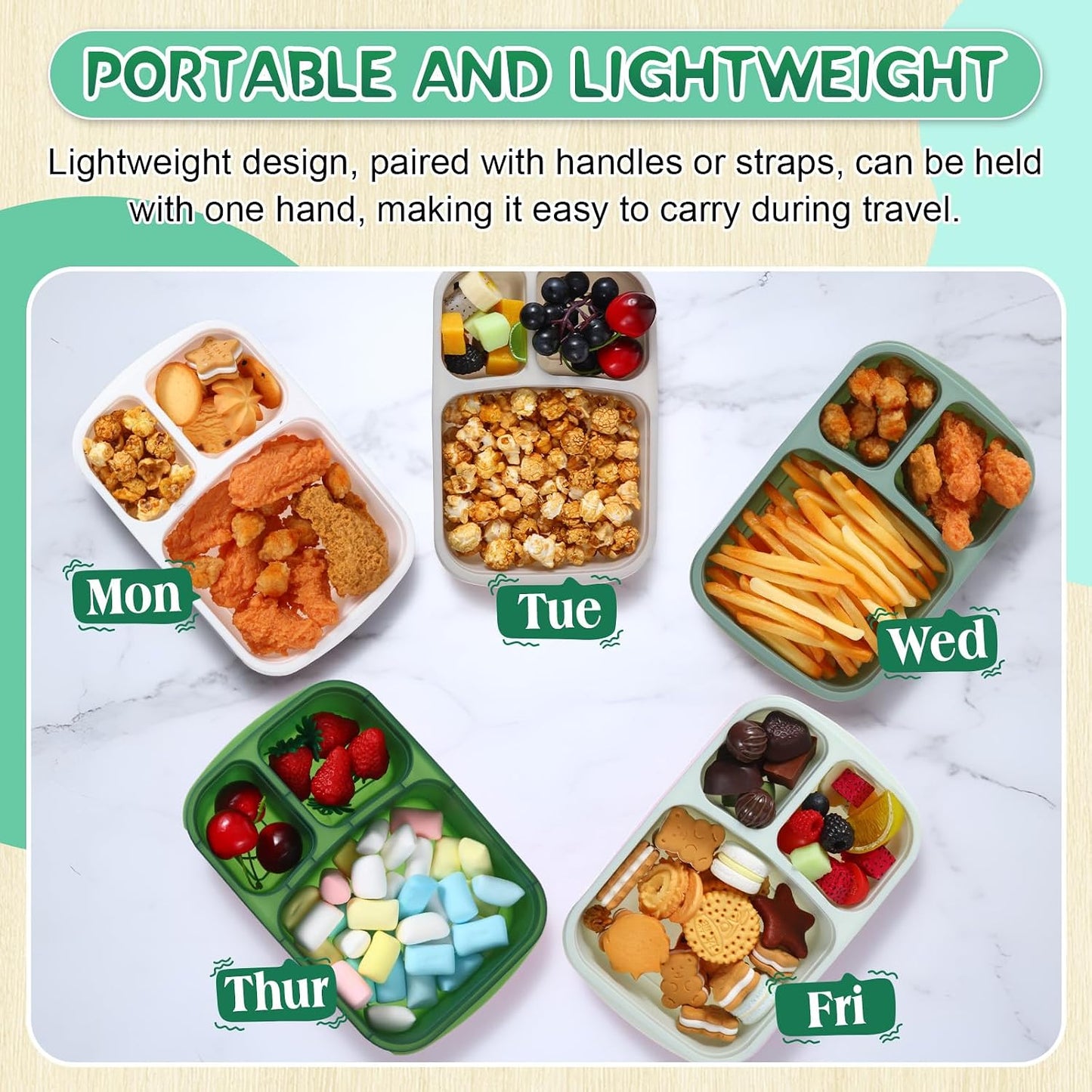 Honeydak 5 Pack Snack Containers 3 Compartment Bento Snack Boxes Divided Meal Prep Containers with Lids Reusable Adults Lunch Food Storage Box for School Work Travel(Elderberry)