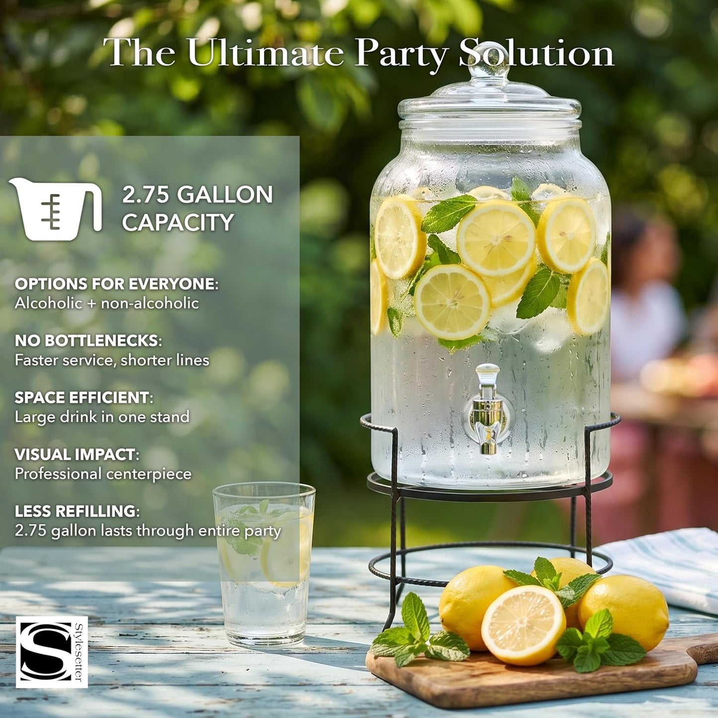 Style Setter Montgomery Beverage Cold Drink Dispenser w 2.7-Gallon Capacity Glass Jug, Leak-Proof Acrylic Spigot in Gorgeous Gift Box for Parties