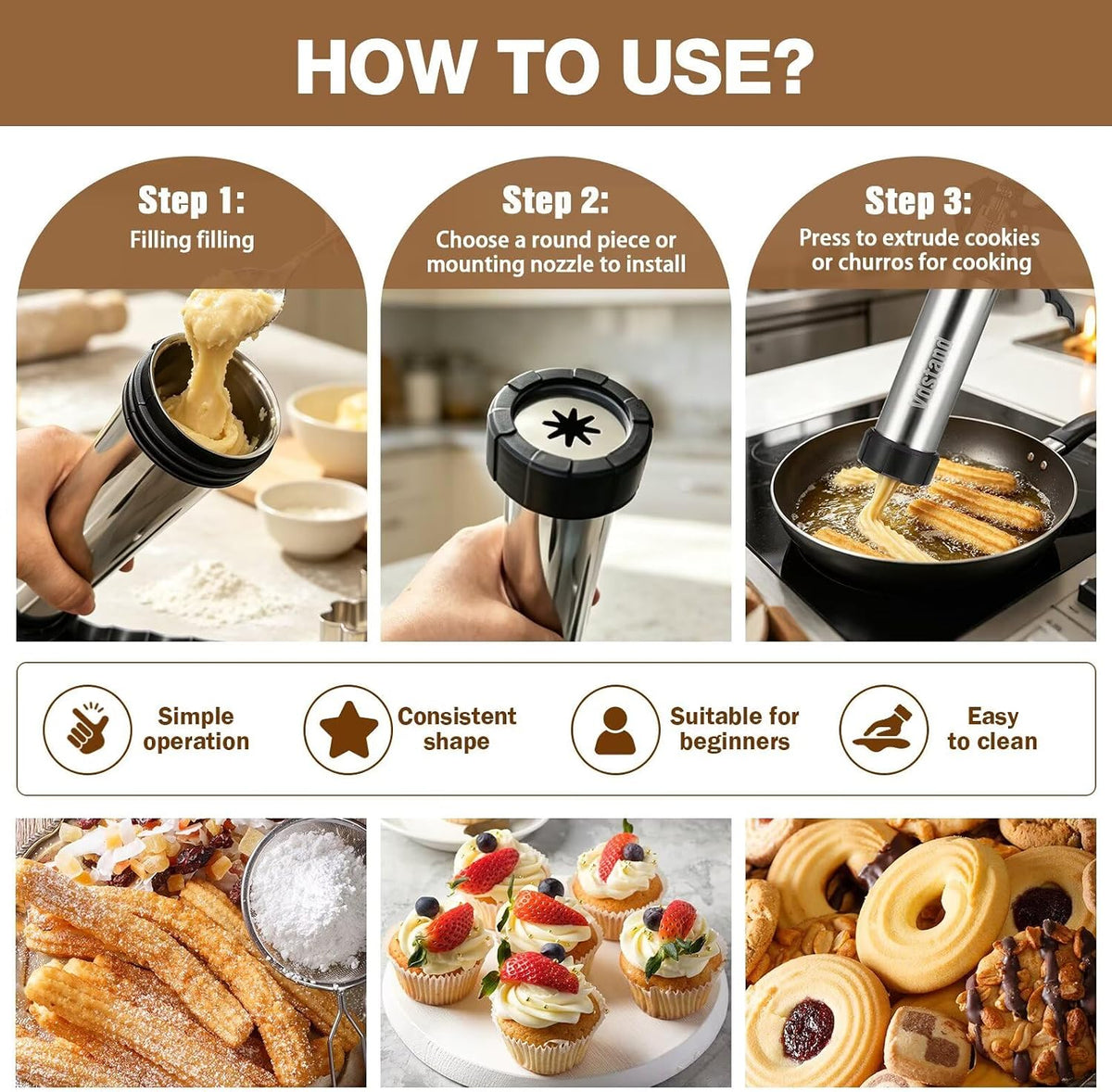 3-in-1 Cookie Press and Churro Maker, Stainless Steel Baking Gun
