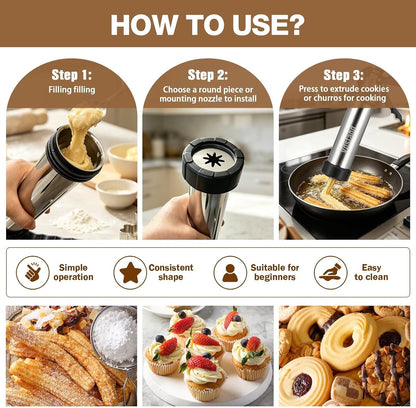 3-in-1 Cookie Press and Churro Maker, Stainless Steel Baking Gun