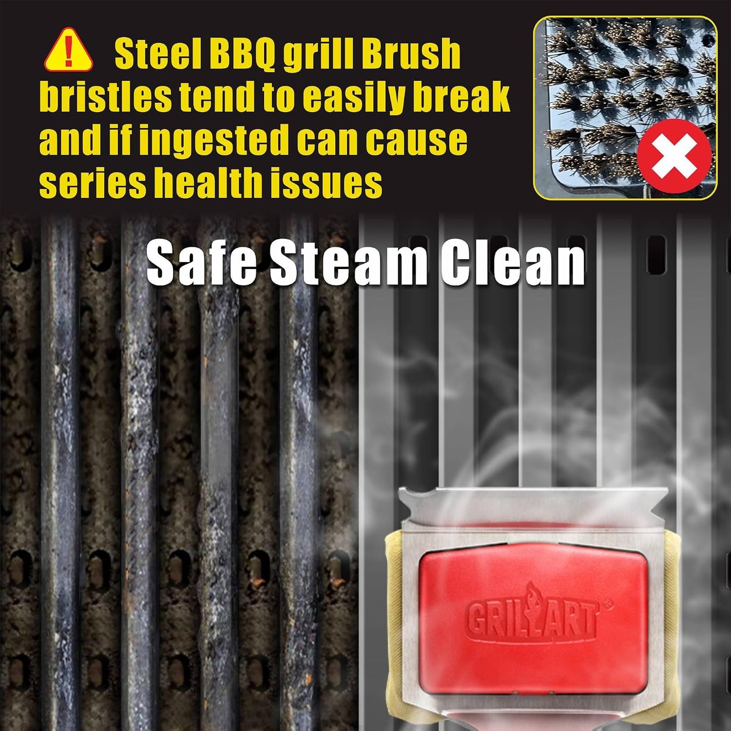 GRILLART Grill Brush Bristle Free. SteamWizards BBQ Replaceable Cleaning Head, Seamless-Fit Scraper Tools for Cast Iron/Stainless-Steel Grates Griddle, Safe Barbecue Grill Cleaner Brush-Dark Black