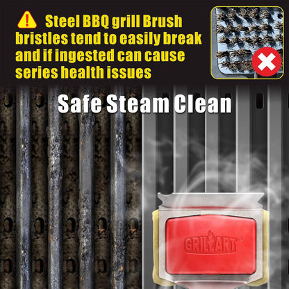 GRILLART Grill Brush Bristle Free. SteamWizards BBQ Replaceable Cleaning Head, Seamless-Fit Scraper Tools for Cast Iron/Stainless-Steel Grates Griddle, Safe Barbecue Grill Cleaner Brush-Dark Black