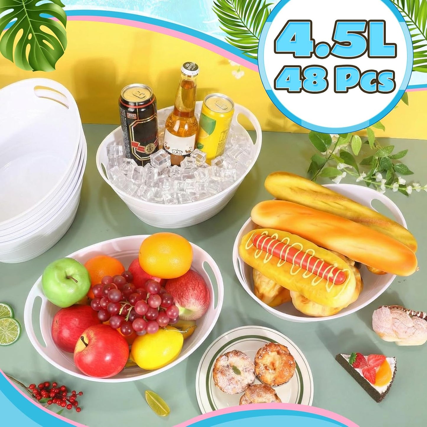 Norme 48 Pcs Plastic Ice Buckets for Parties Bulk 4.5L Oval Black Storage Tub with Handles Wine Beer Champagne Bottle Drink Cooler Tub for Christmas Holiday Home Parties Beverage Storage Basket Gift