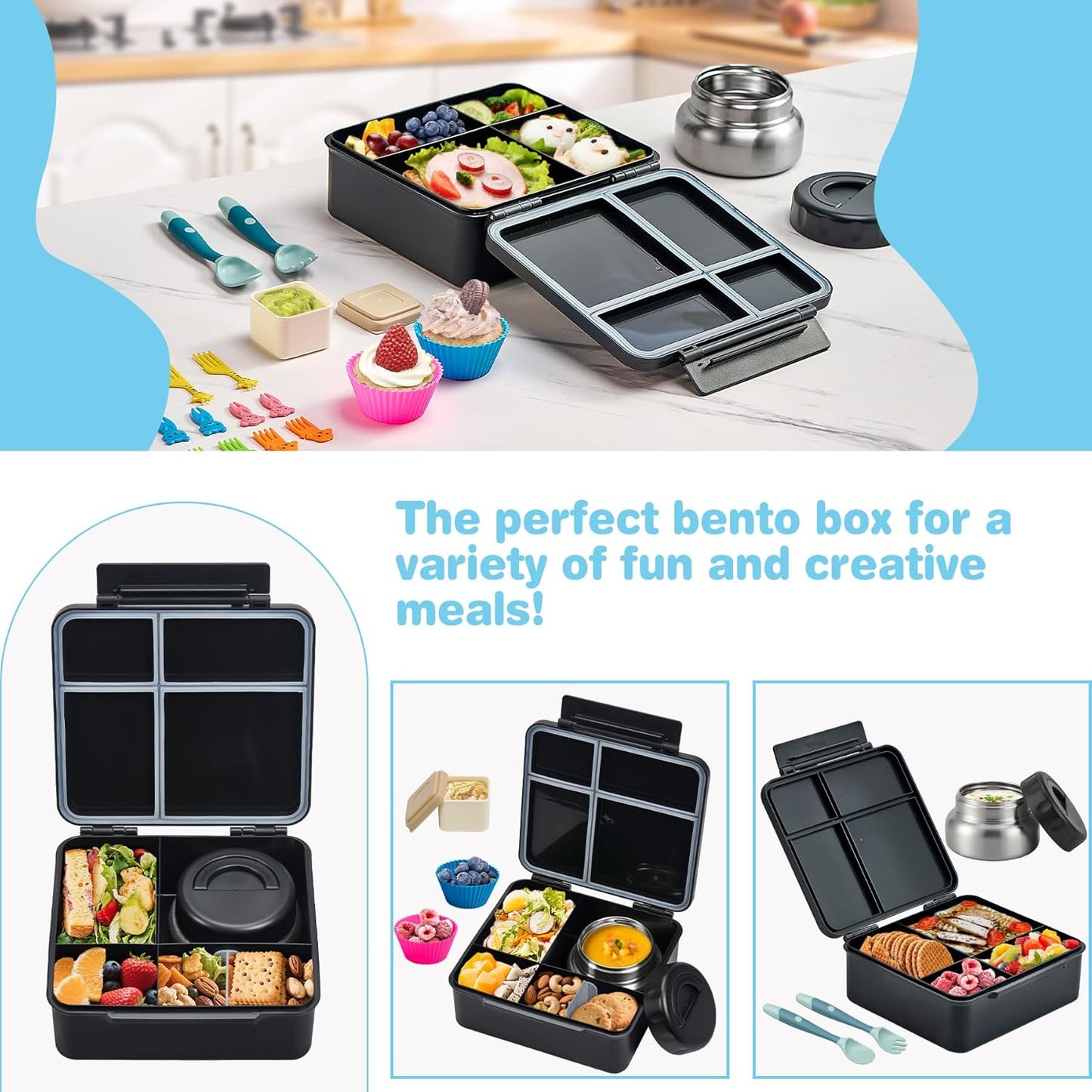 Bento Lunch Box with 9.5 oz Soup Thermo, Kids Leakproof 4 Compartments Bento Box with Silicone Cupcake,Fruit Fork,Spoon and Sauce Cup,Insulated Food Jar for School Travel-Black