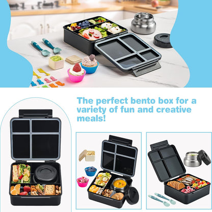 Bento Lunch Box with 9.5 oz Soup Thermo, Kids Leakproof 4 Compartments Bento Box with Silicone Cupcake,Fruit Fork,Spoon and Sauce Cup,Insulated Food Jar for School Travel-Black