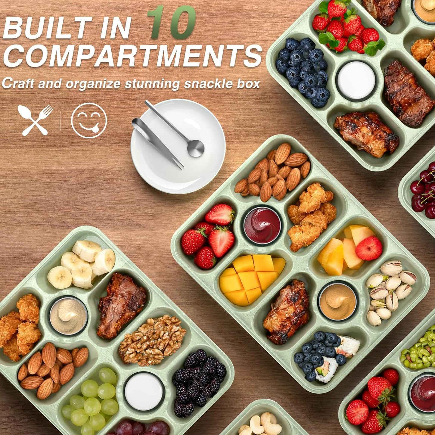 Snackle Box Container - Dishwasher Safe Divided Serving Tray with Lid and Handle for Fruits, Charcuterie, Nuts and Candy, Snack Containers Perfect for Travel Party Picnic, 1 Pack Green