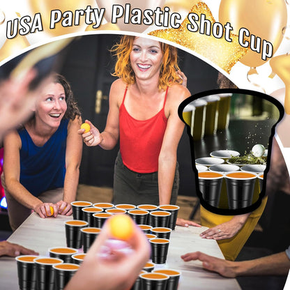 Roshtia 100 Pack 2 oz Plastic Shot Cups, Mini Disposable Shot Glasses 2 oz Wedding Party Cups for Bridal Shower Wedding Party, Beer Taste Serving, Snacks(Black, Gold)