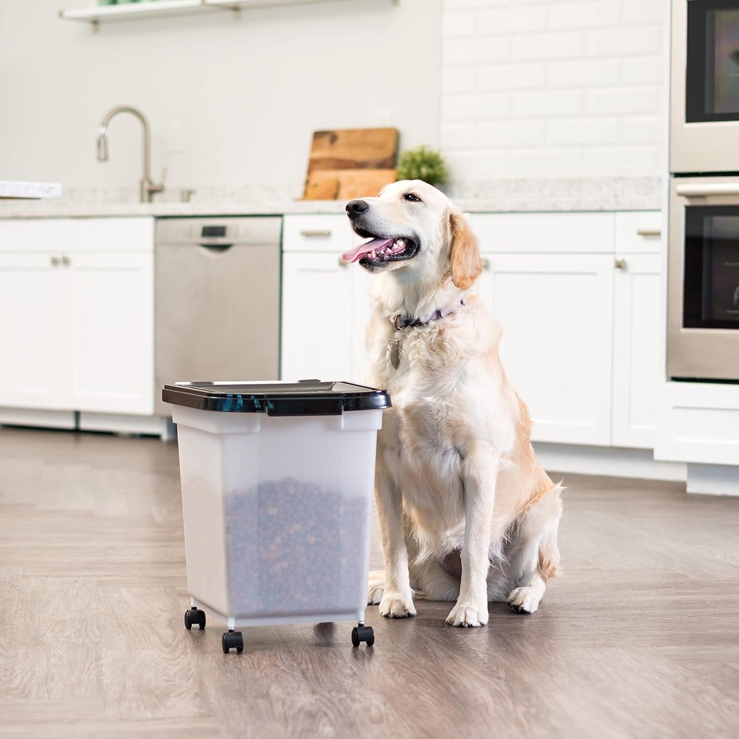 IRIS USA Airtight Dog Food Storage Container, WeatherPro, Up to 25 lbs, Removable Wheels, for Dog Cat Bird and Other Pet Food Storage Bin, Keep Fresh, Translucent Body, Made in USA, Clear/Black