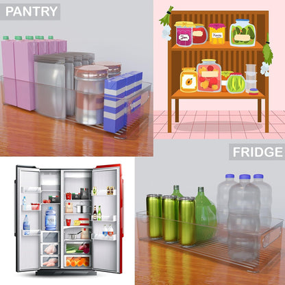 Bahoki Essentials Set of 4 Kitchen Pantry Bins - Clear Plastic Storage for Freezer and Refrigerator - Kitchen Organizer for Snack, Drink, Fruit and Vegetables - Multifunctional Stackable Home Bins
