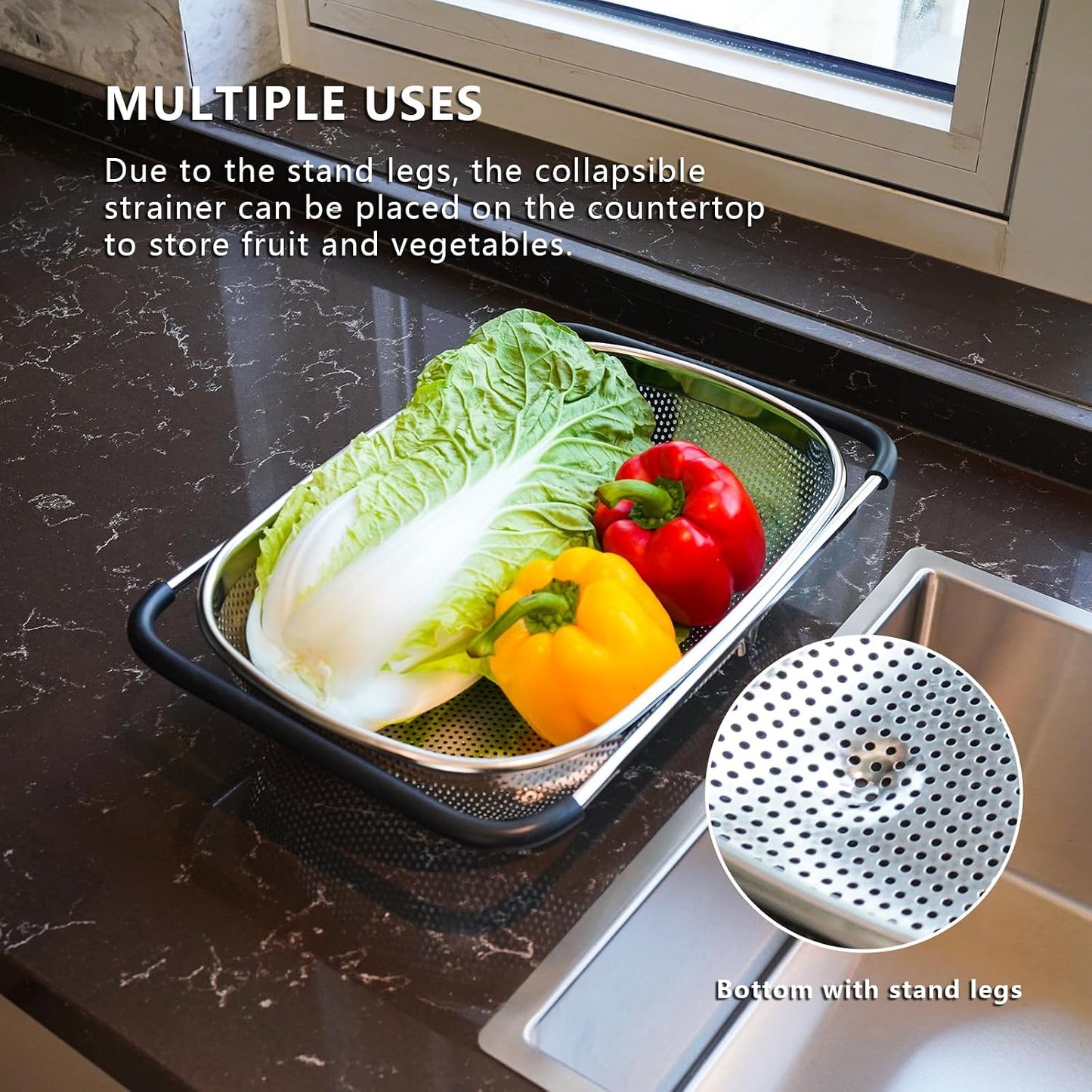 REDANT Over the Sink Metal Strainer and Colander for Kitchen - Large Food Strainers and Colanders with Rubber Grip - Sieve Fine Mesh Stainless Steel for Spaghetti, Pasta, Rice, Fruits, Vegetables