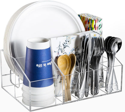 Utensil Silverware Caddy for Party Acrylic Paper Plate Dispenser Holders Countertop Organizer Buffet Caddy for Plastic Plates Napkins Cup Flatware Cutlery Hosting Entertaining Essentials for Picnic