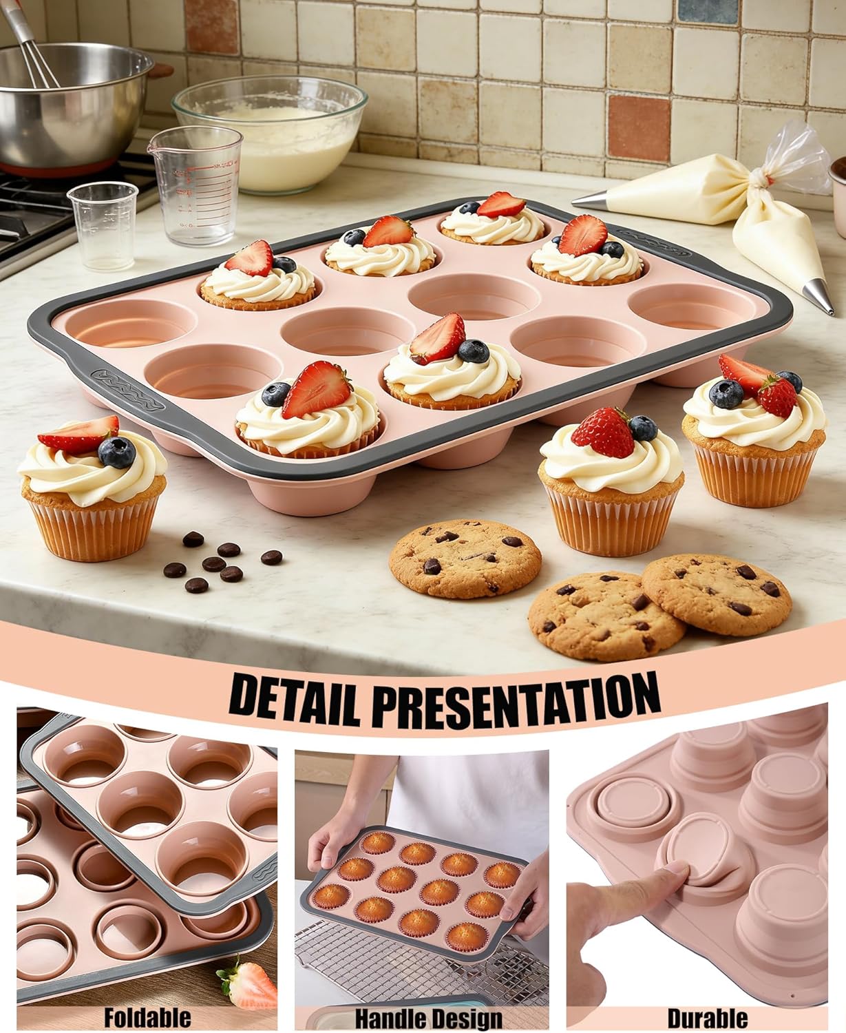 Silicone Muffin Pan for Baking with Metal Frame， Nonstick Cupcake Pan, 6 Cup Baking Pan for Cupcake, Tarts, Egg Bites(6 Cup Pink)