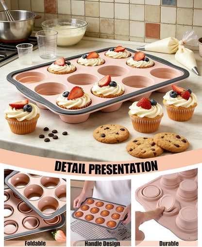 Silicone Muffin Pan for Baking with Metal Frame， Nonstick Cupcake Pan, 6 Cup Baking Pan for Cupcake, Tarts, Egg Bites(6 Cup Pink)