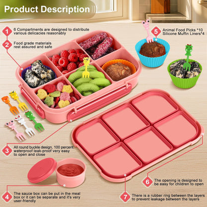 Amathley Lunch Box Kids Girls Boys,Bento Box Adult,Toddler Lunch Containers for School,Leakproof Snack Containers with 6 Compartments,Sauce Container,10 Food Picks and 4 Muffin Cups (Green)