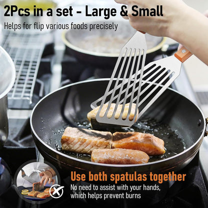 Joyfair Metal Fish Spatulas, 2 Pcs Stainless Steel Turner (ABS Handle) | Flexible Blade, Dishwasher Safe, Slotted Turner Utensil for Kitchen Cooking & Outdoor Griddle Grilling Flipping, Large&Small