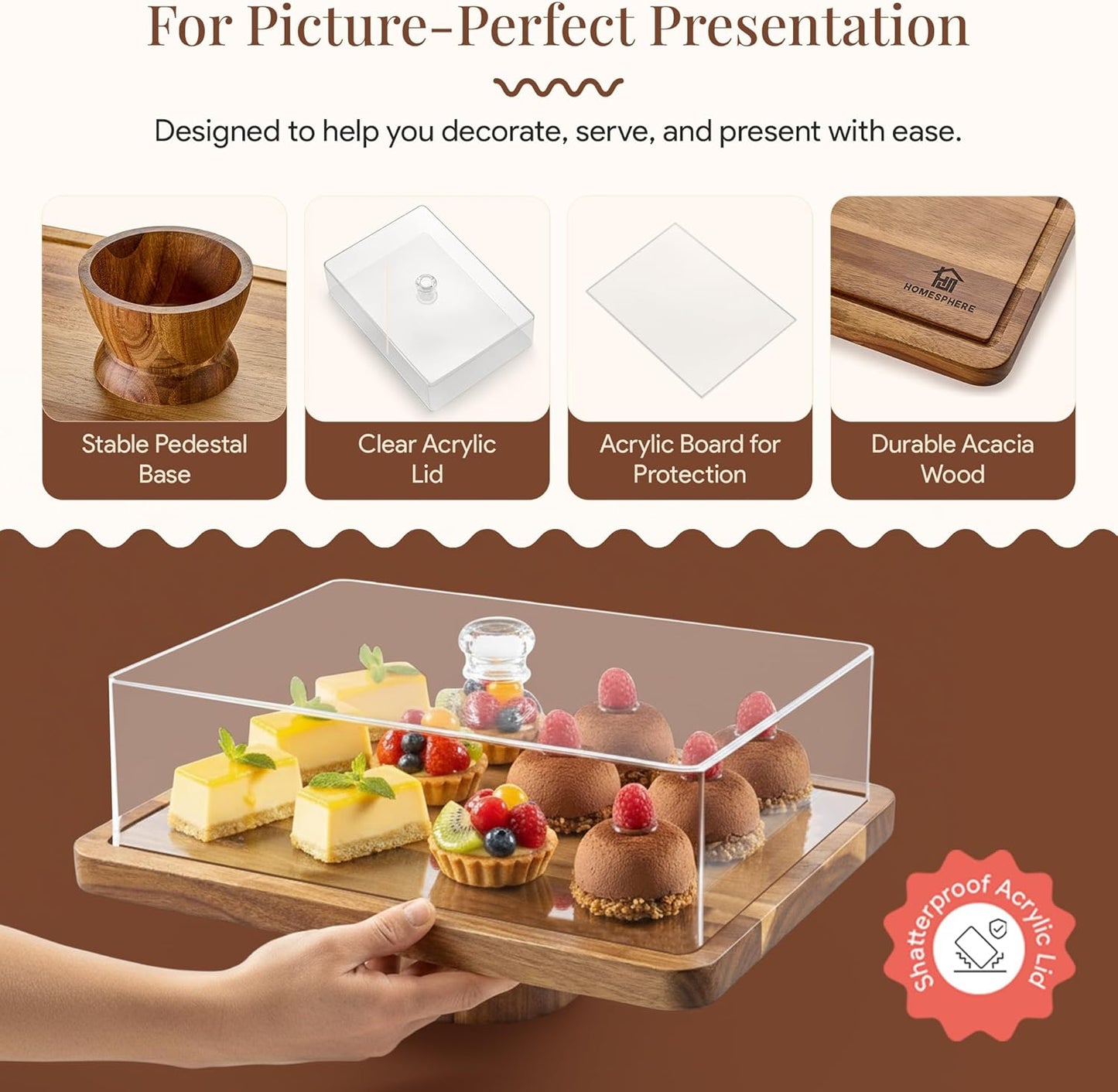 HOMESPHERE Acacia Wood Cake Stand with Lid - Rectangular Cake Holder, 2-in-1 Dessert Table Display Set & Charcuterie Board for Cheese, Chips, Fruit Platter, Large Acrylic Cake Dome Cover, No Glass
