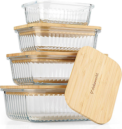 Set of 4 Stackable Space-Saving Nesting Glass Bowls with Airtight Acacia Lids for Lunch, Meal & Food Prep - Microwave & Oven-ready BPA Free Durable Heat Resistant Inert Borosilicate Glass