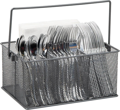 Mind Reader Multi-purpose Storage Caddy with Handle, Desktop Organizer, Cutlery Holder, 4 Compartments, Metal Mesh, Black