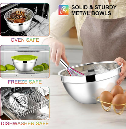 E-far Stainless Steel Mixing Bowls with Lids Set, 5-Piece Nesting Salad Bowls with 3 Grater Attachments and Non-Slip Bottoms, Size 4.6, 2.6, 2, 1.5, 1QT for Kitchen (Khaki)