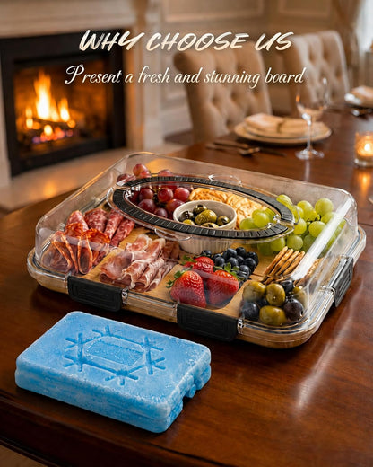 Charcuterie Board with Lid & Ice, Upgraded 6 Snap Laches, Sauce Cup Included, Large Portable Cheese Tray with Handle, Serving Tray for Picnic & Pool, House Warming Gifts New Home (Black)