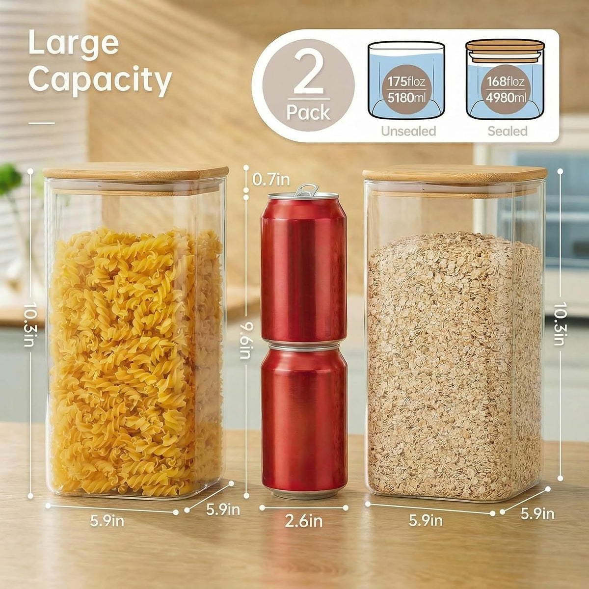 168oz 2 Pack Large Glass Storage Containers with Lids for Pantry Storage | Square Borosilicate Glass Jar with Airtight Lid Keep Flour, Sugar & Rice Fresh, Fit 10lb Bag, BPA-Free for Pantry Organizer