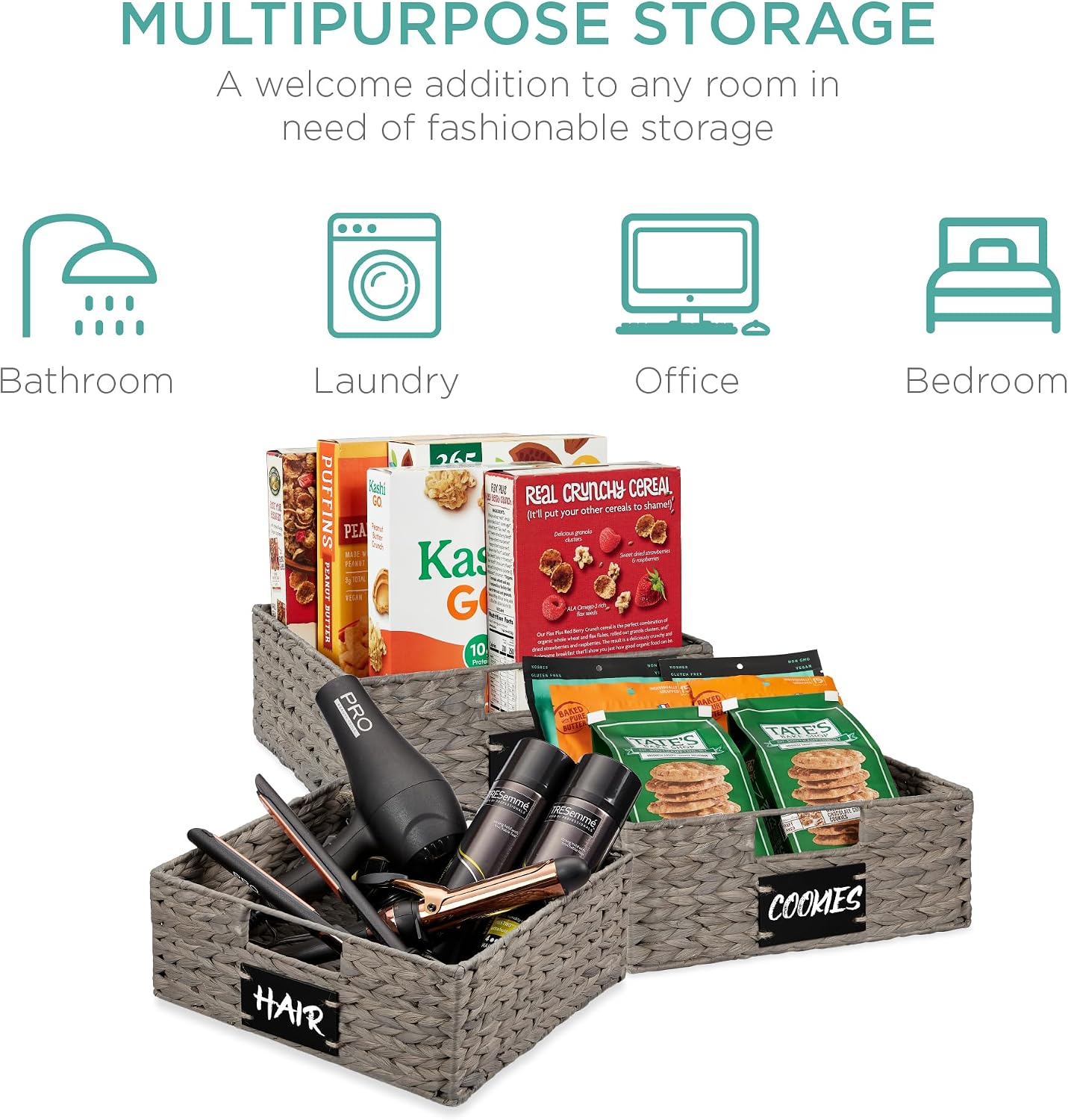 Best Choice Products Set of 4 9x12in Water Hyacinth Pantry Baskets, Woven Organizers w/Chalkboard Label, Chalk Marker - Natural