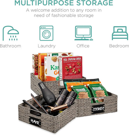Best Choice Products Set of 4 9x12in Water Hyacinth Pantry Baskets, Woven Organizers w/Chalkboard Label, Chalk Marker - Natural
