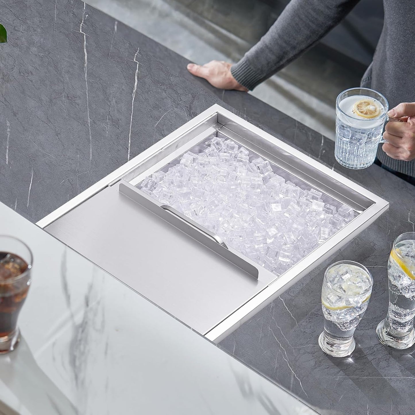 Happybuy Drop in Ice Chest 18L x 12W x 14.5H Inch Stainless Steel Ice Cooler with Sliding Cover Drop in Ice Bin Included Drain-Pipe and Drain Plug for Cold Wine Beer